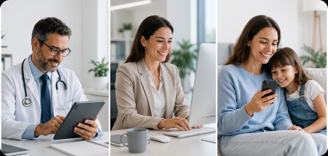 Doctor, administrative staff and family using digital tools