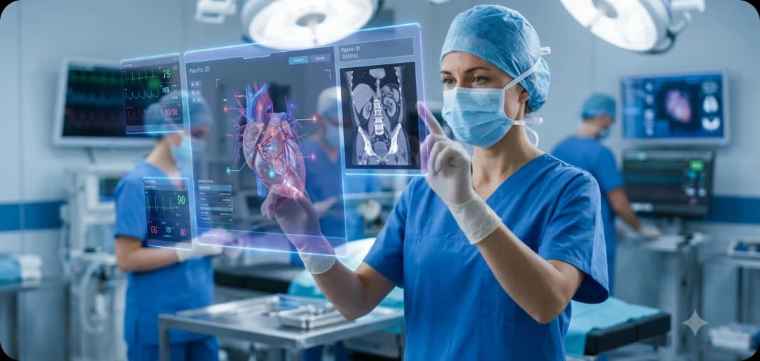 Healthcare professional controlling holographic displays with gestures