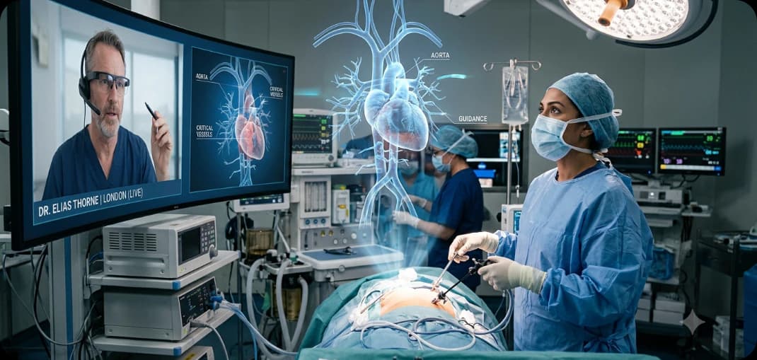 Remote specialist collaborating with a surgeon through holographic views