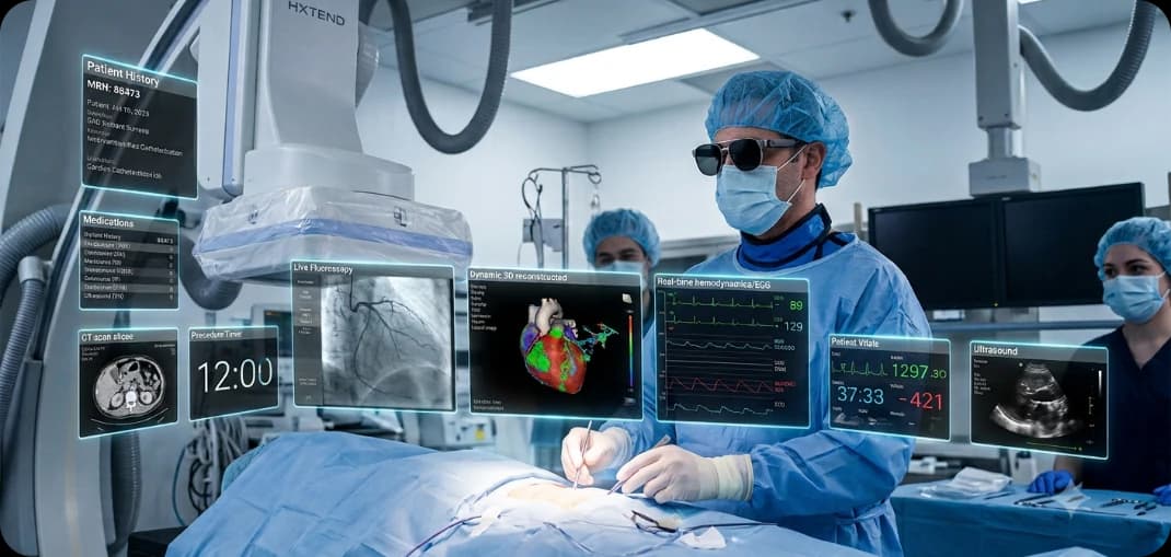 Surgeon using HXTEND glasses and holographic displays during a procedure